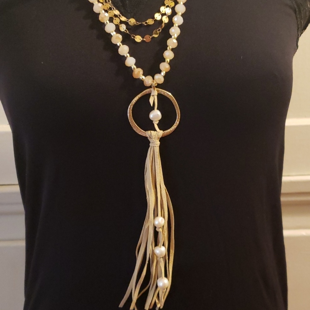 Boho faux leather strap beaded necklace